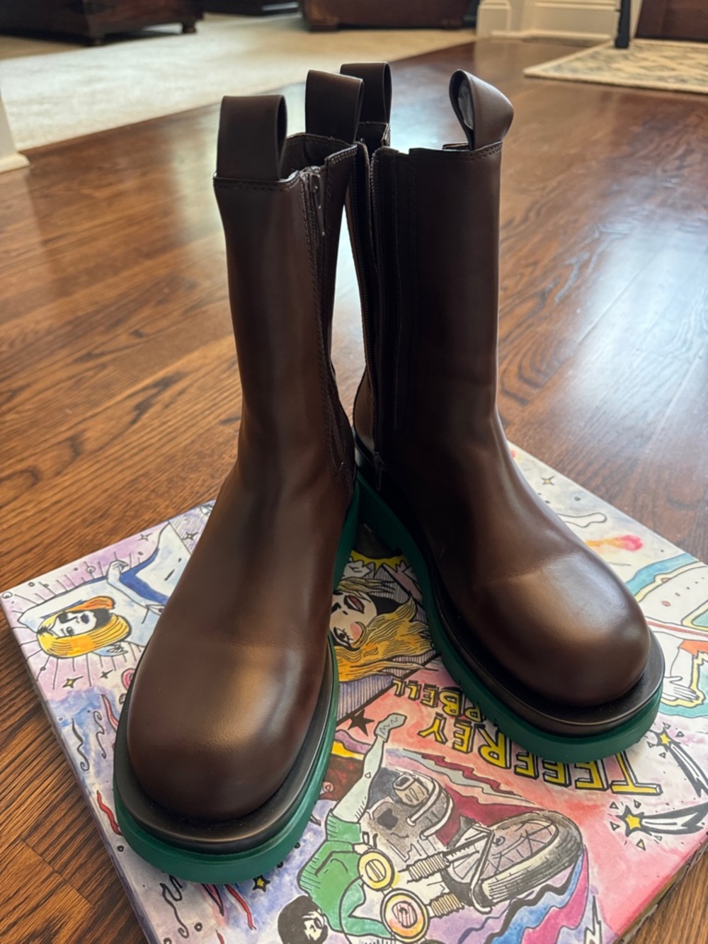 🦄🦄 JEFFERY  CAMPBELL Brown Leather Chelsea Boots with Green Platform Sole - Picture 2 of 7